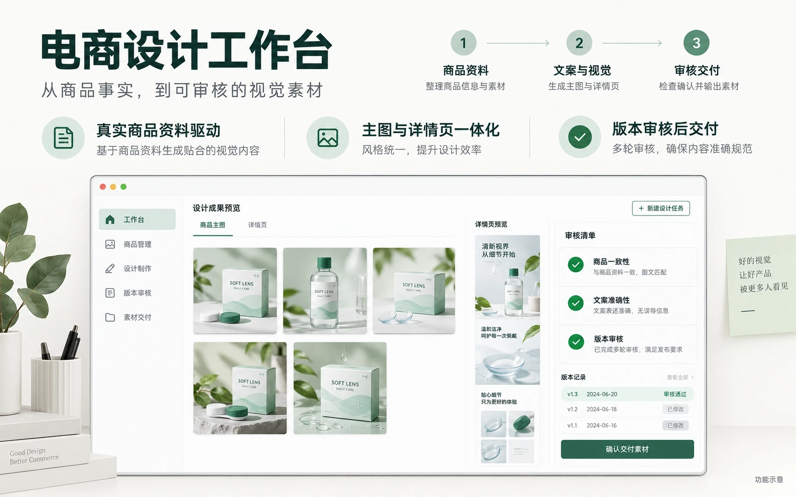 电商设计工作台功能示意：五张商品主图、详情长图和商品一致性审核